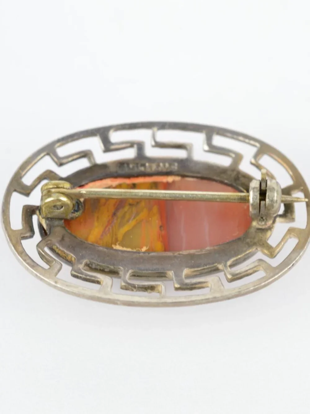Vintage Art Deco Sterling Silver Red Jasper Agate Greek Key Fret Brooch Pin 4.2g